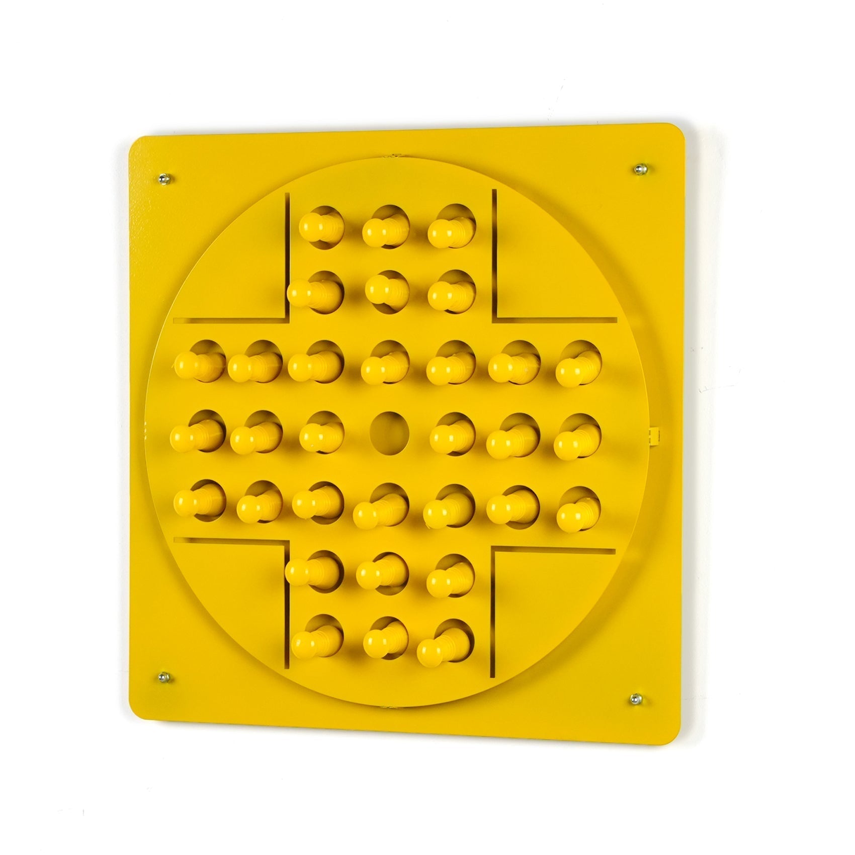 Bright yellow peg solitaire board with 30 rounded pegs for solo test and easy hanging instructions for age range play