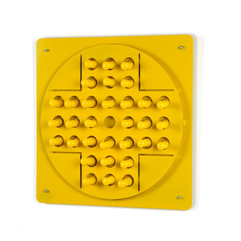 Bright yellow peg solitaire board with 30 rounded pegs for solo test and easy hanging instructions for age range play
