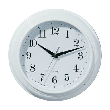 Pelham vintage white wall clock with a white round face and black numerals and hands for classic style wall clock