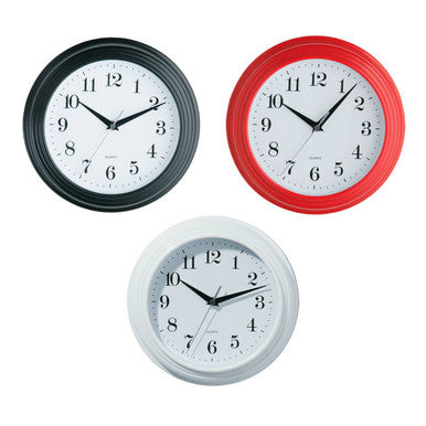 Set of three vintage white wall clocks with black red and white frames featuring classic analog faces