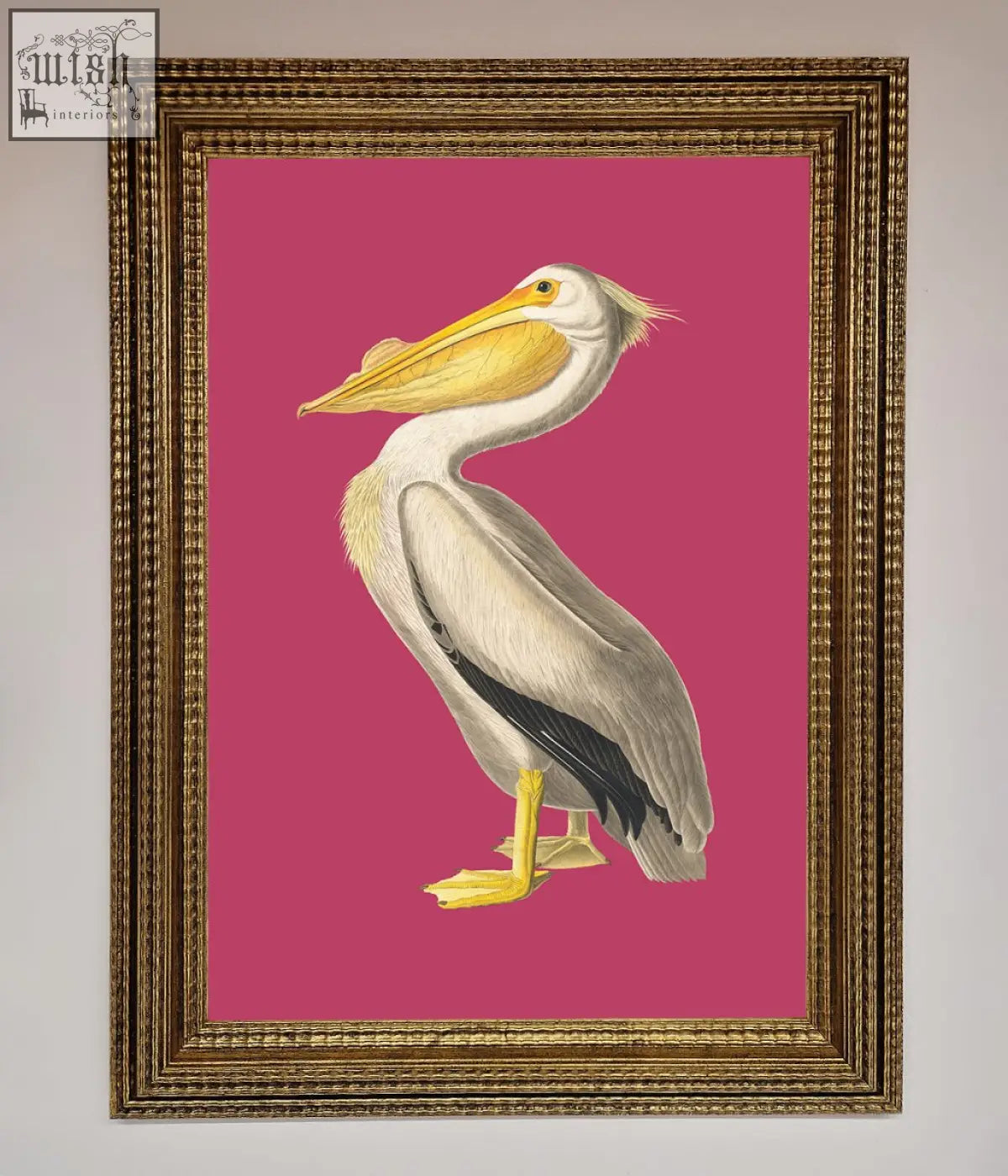 A pink framed poster featuring a white pelican with yellow beak and feet on a vibrant pink background