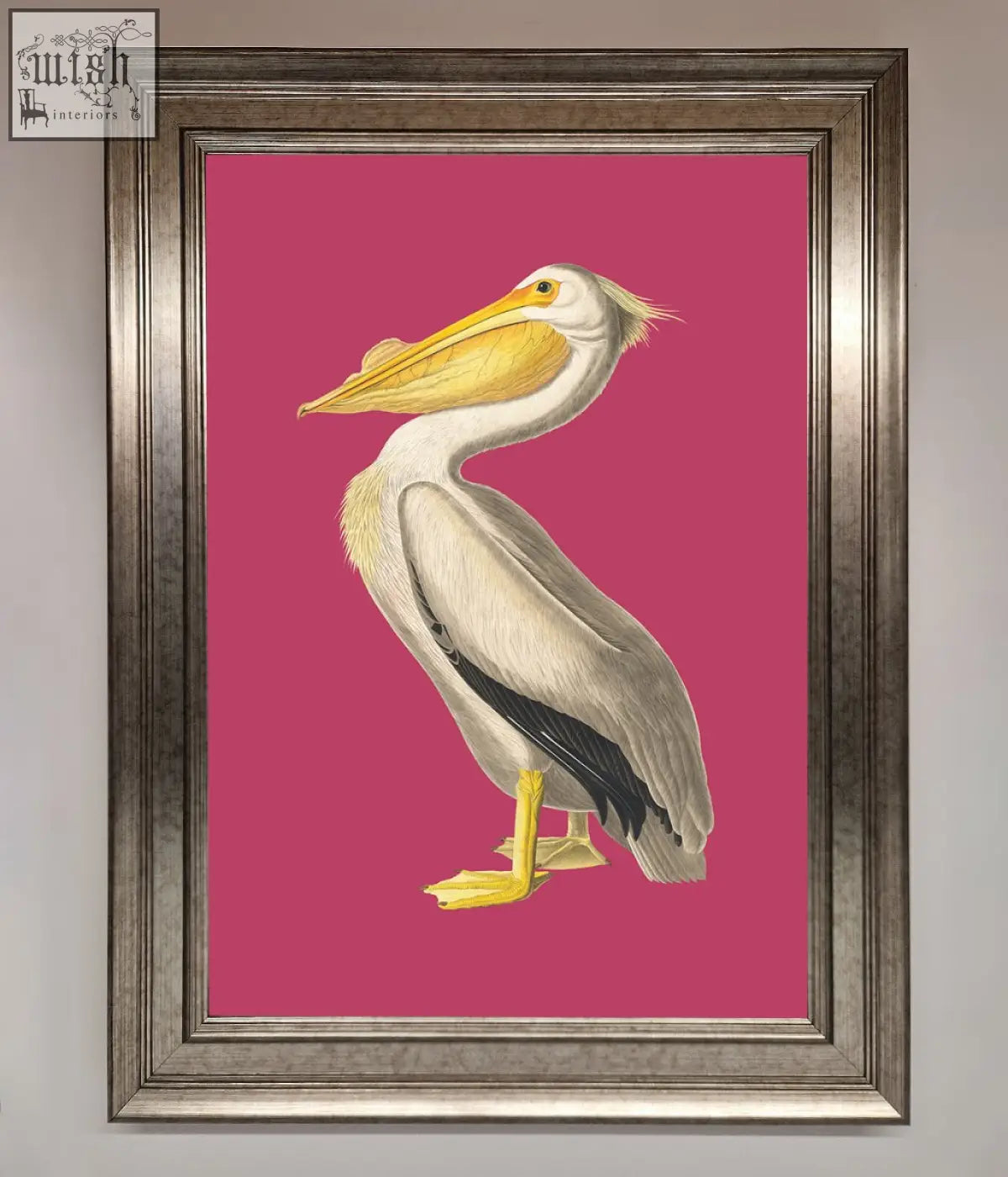 Framed poster of a pelican with white and black feathers yellow beak and feet on a vibrant pink framed background