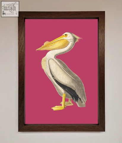 A pink framed poster featuring a white pelican with yellow beak and feet in vibrant frame styles background