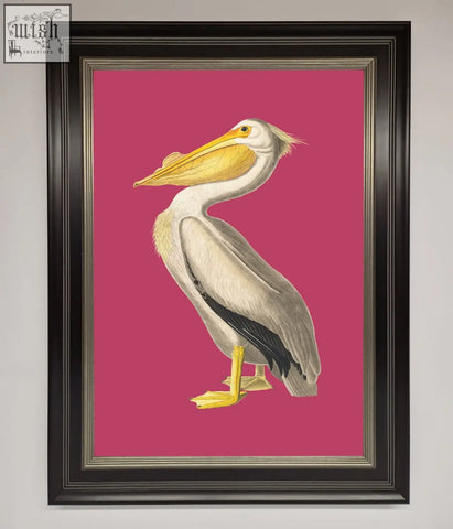 Framed poster of a pelican with white and black feathers yellow beak and legs on a vibrant pink framed poster background