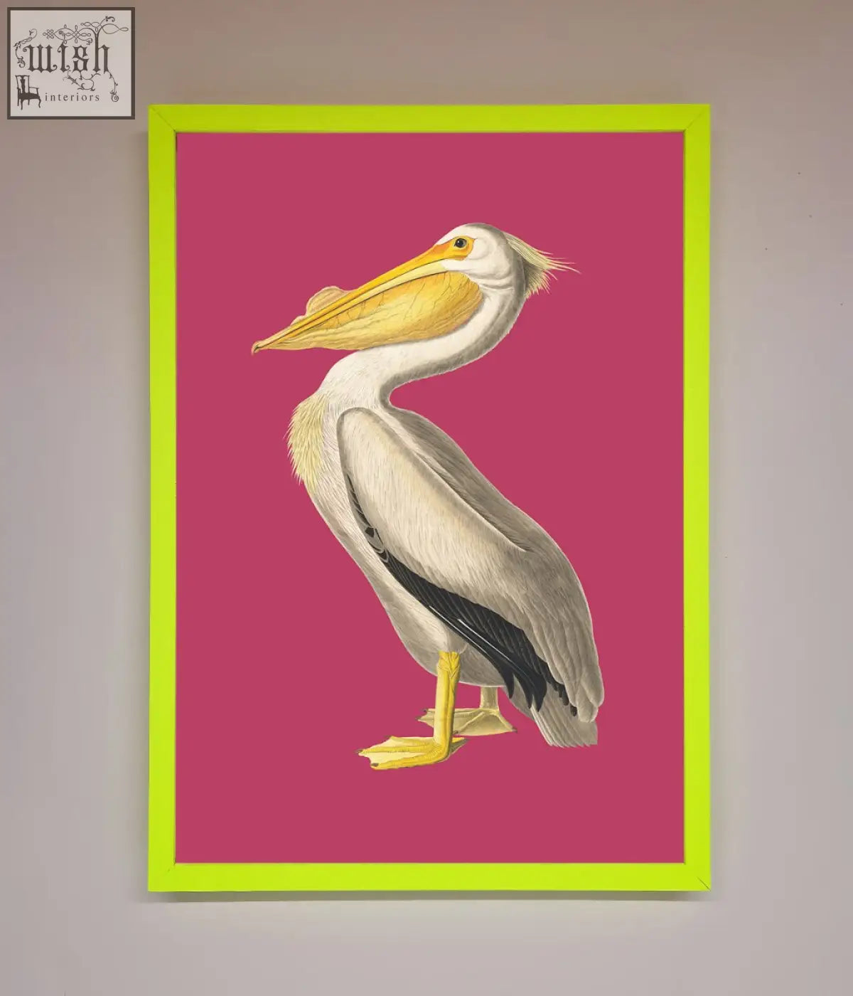 A pink framed poster featuring a detailed pelican illustration with white feathers and neon green frame styles