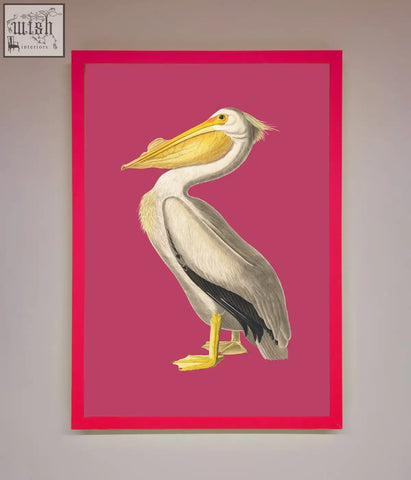 A pelican on pink framed poster with a vibrant pink background and bold red border in stylish frame styles