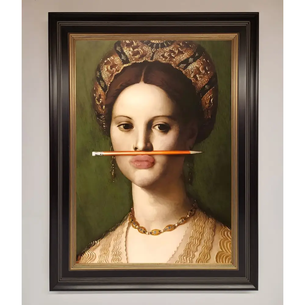 Pencil On Lips Renaissance Framed Print - A3 (29.7 x 42 cm) / Black Gold - Framed Print