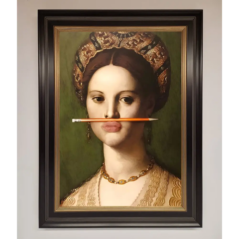 Pencil On Lips Renaissance Framed Print - A3 (29.7 x 42 cm) / Black Gold - Framed Print