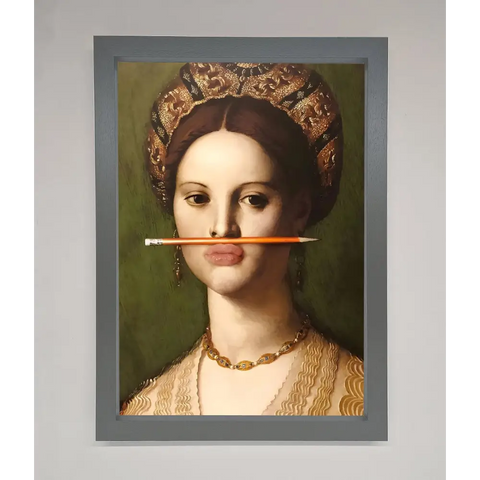 Pencil On Lips Renaissance Framed Print - A3 (29.7 x 42 cm) / Dark Grey - Framed Print