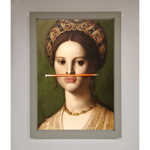 Pencil On Lips Renaissance Framed Print - A3 (29.7 x 42 cm) / Grey - Framed Print
