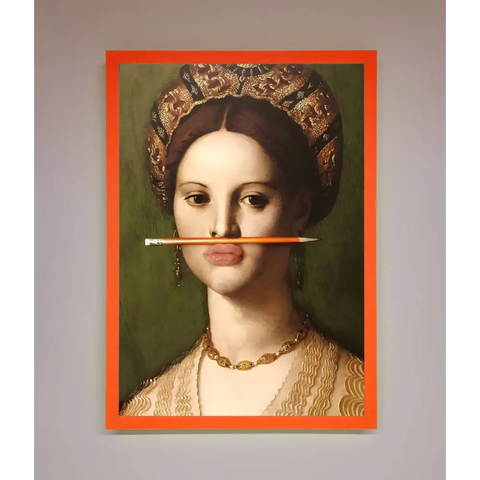 Pencil On Lips Renaissance Framed Print - A3 (29.7 x 42 cm) / Neon Orange - Framed Print
