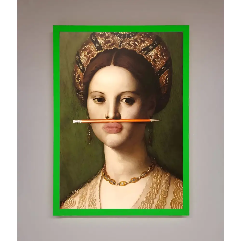 Pencil On Lips Renaissance Framed Print - A3 (29.7 x 42 cm) / Neon Dark Green - Framed Print