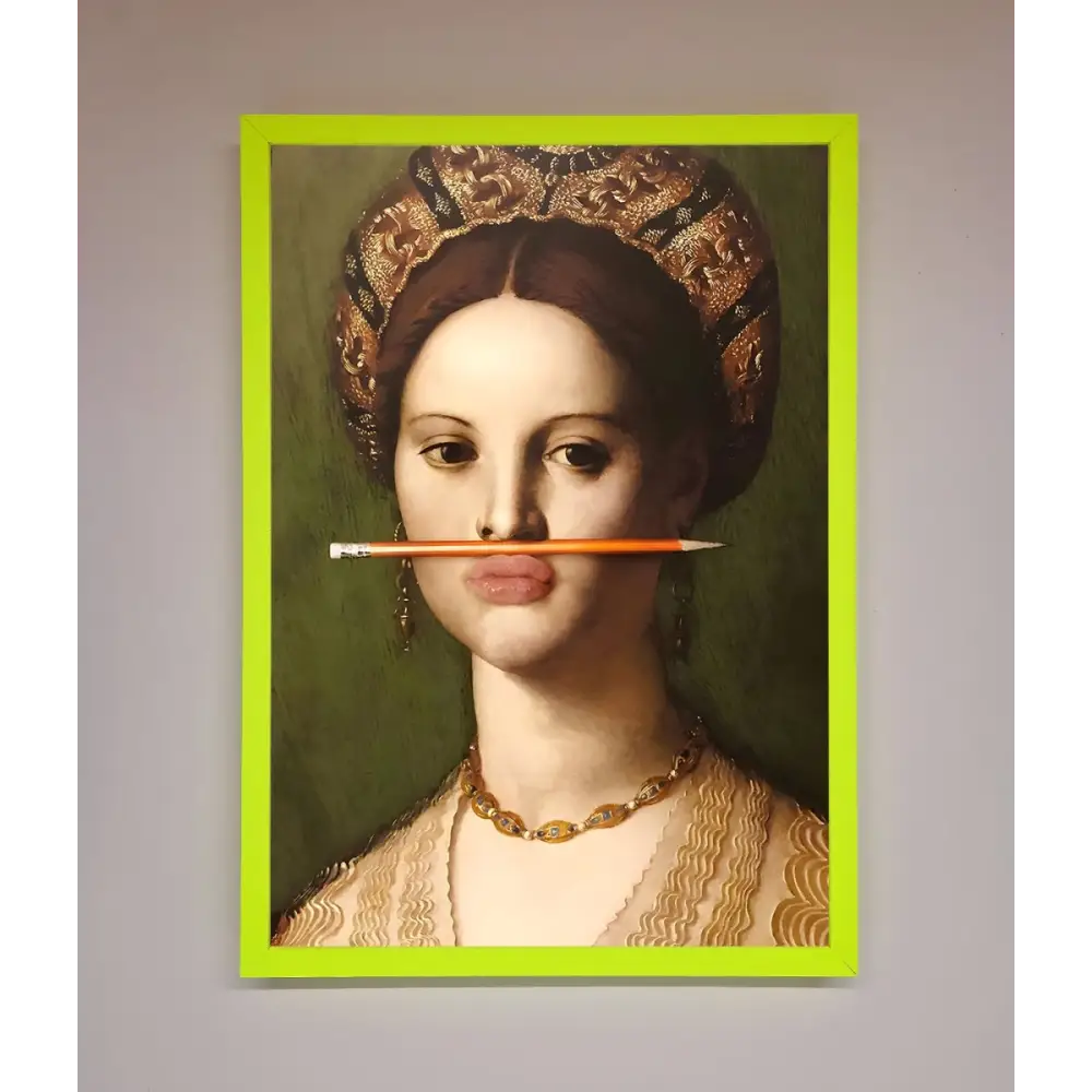Pencil On Lips Renaissance Framed Print - A3 (29.7 x 42 cm) / Neon Green - Framed Print