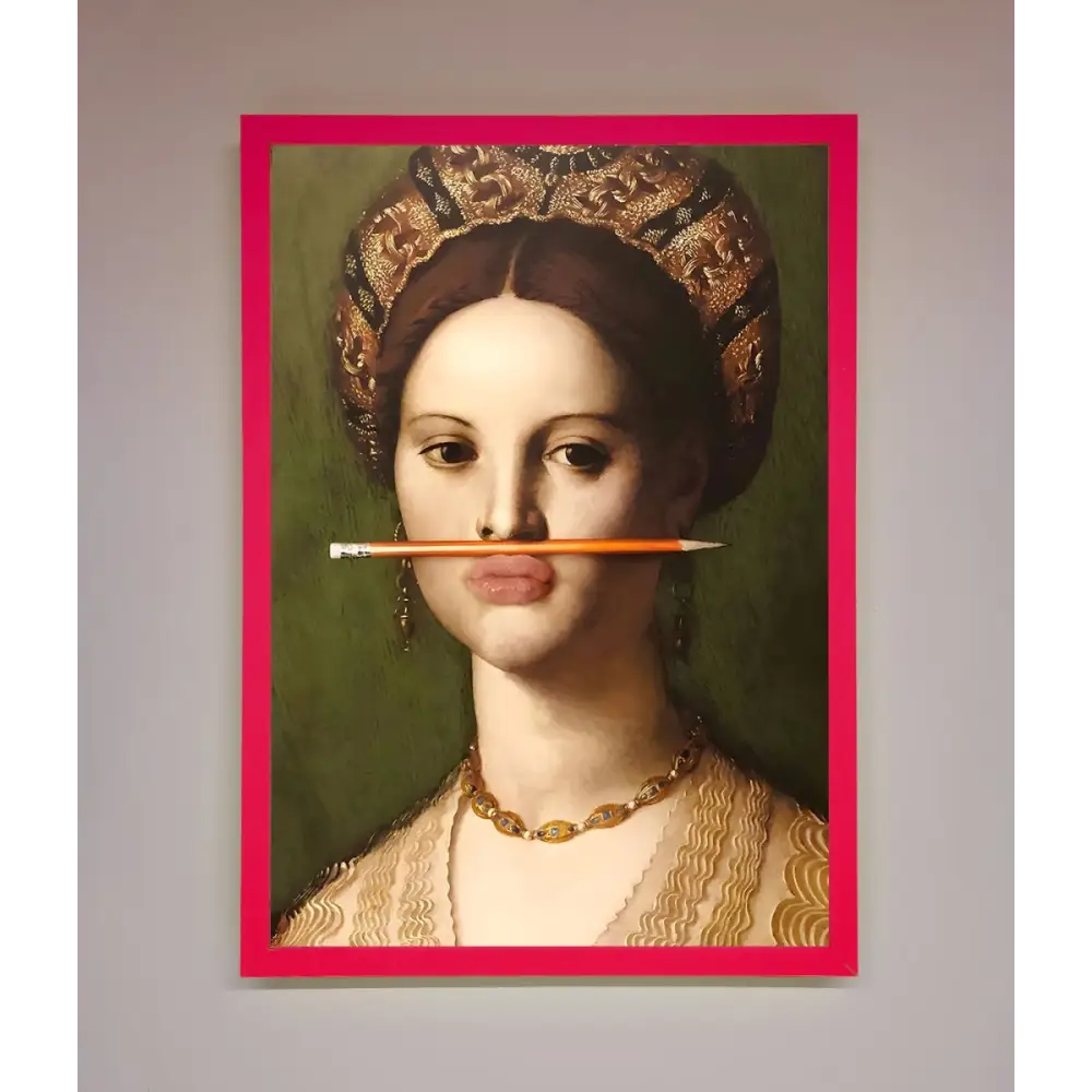 Pencil On Lips Renaissance Framed Print - A3 (29.7 x 42 cm) / Neon Pink - Framed Print