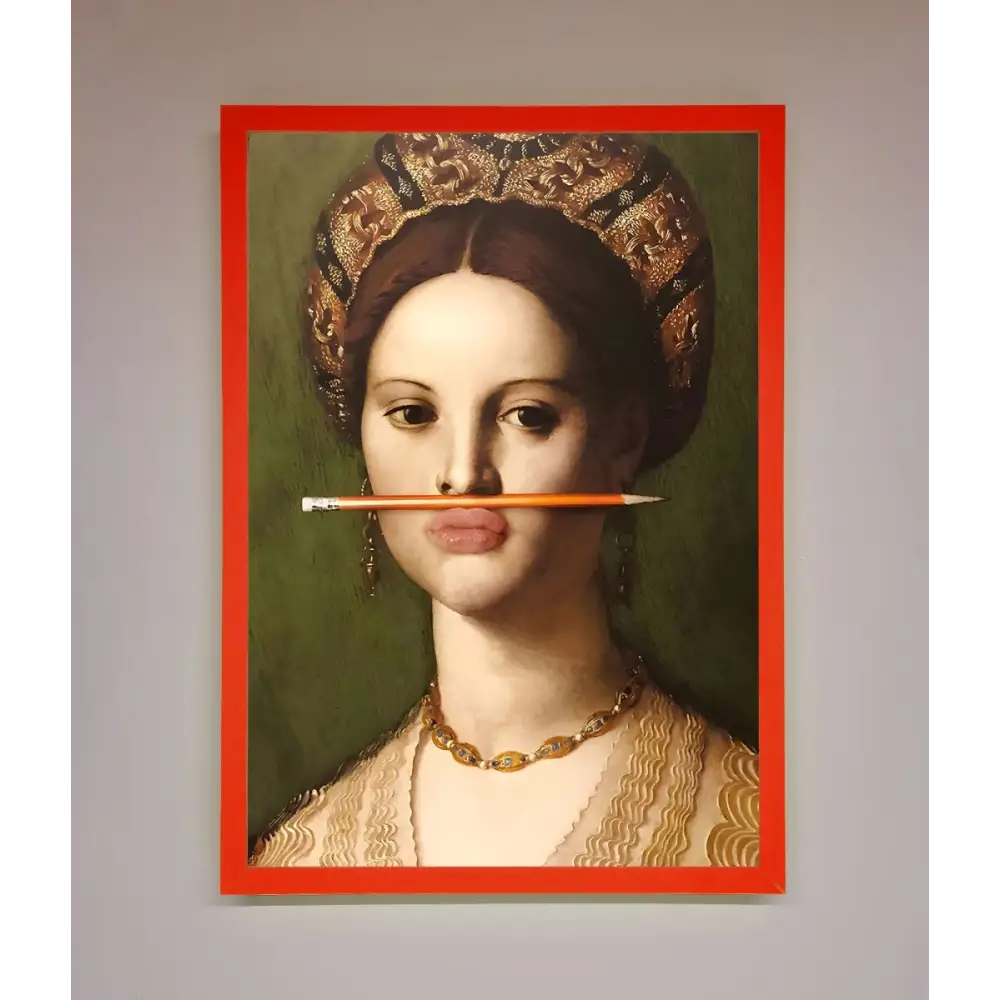 Pencil On Lips Renaissance Framed Print - A3 (29.7 x 42 cm) / Neon Red - Framed Print