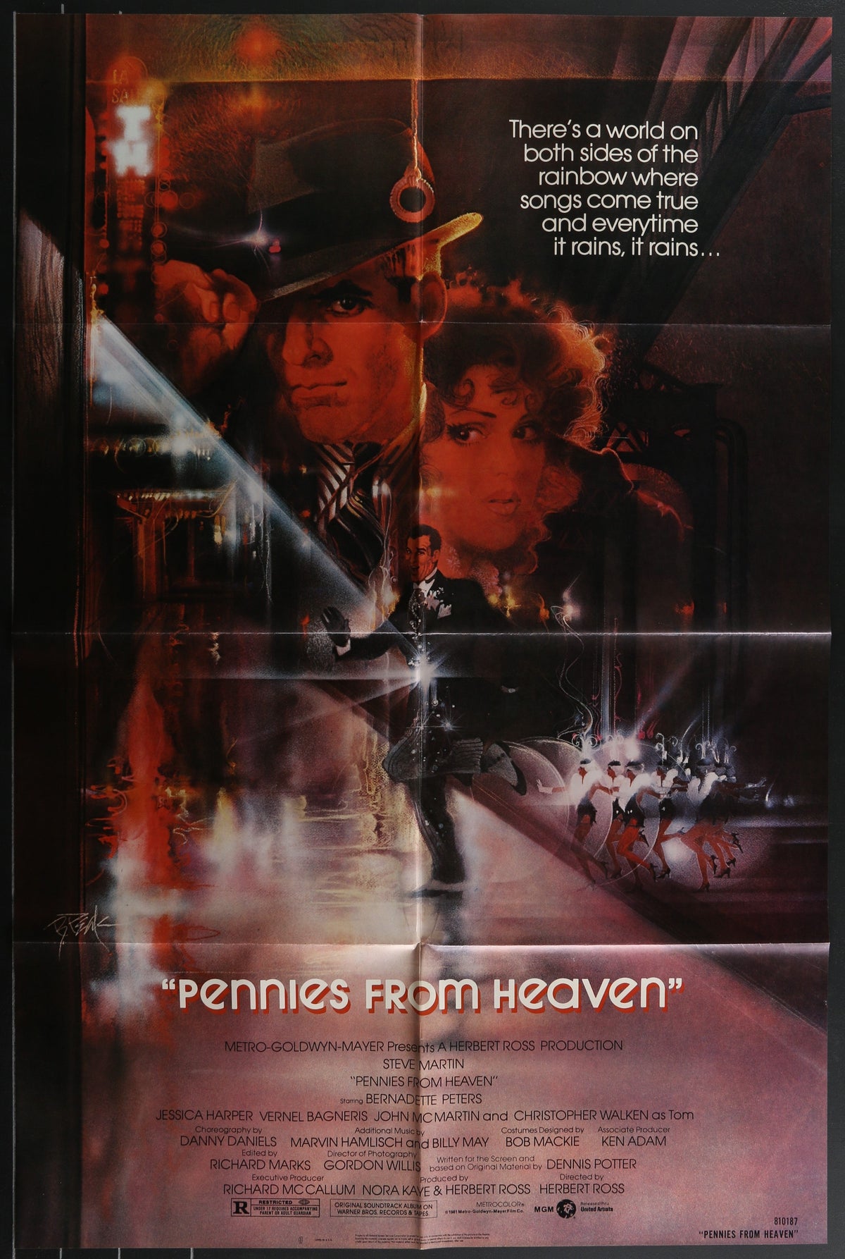 Vintage pennies from heaven 1981 movie poster with moody artwork and a central figure in dark coat and hat