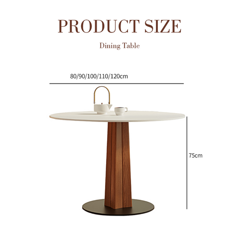 Percival white round dining table with white marble top, wooden pedestal base, and black circular foot