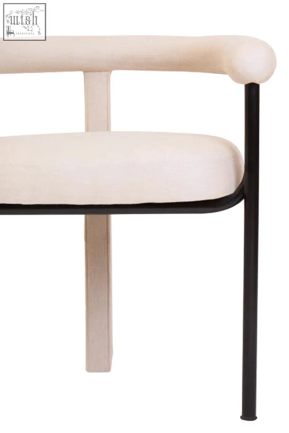 Cream-colored perdoba cream texture linen dining chair with black metal frame and rounded armrests