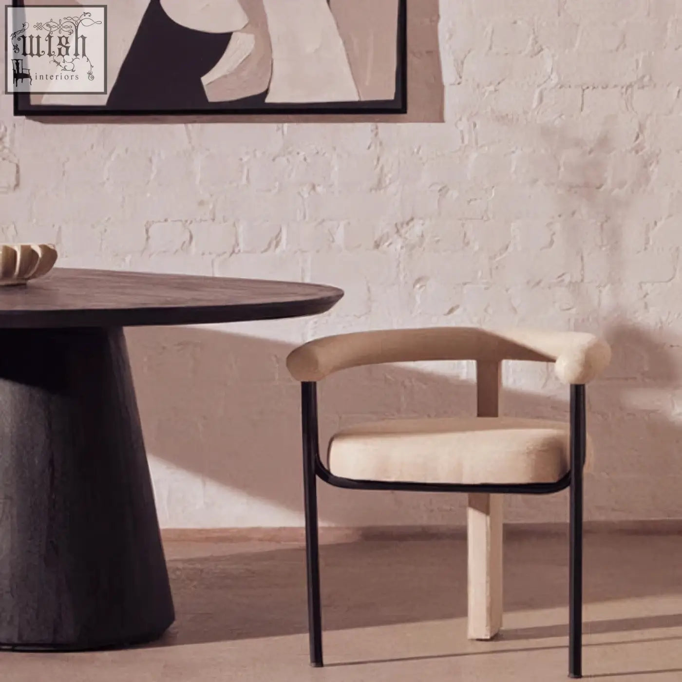 Beige perdoba cream texture linen dining chair with black metal frame and comfortable upholstered seat