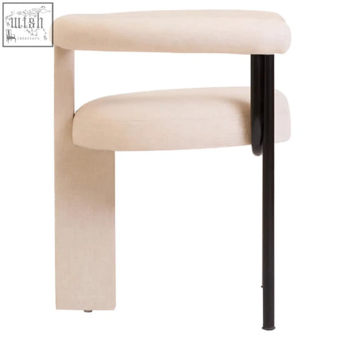 Cream linen dining chair with perdoba cream texture and sleek black metal frame perfect for modern dining rooms