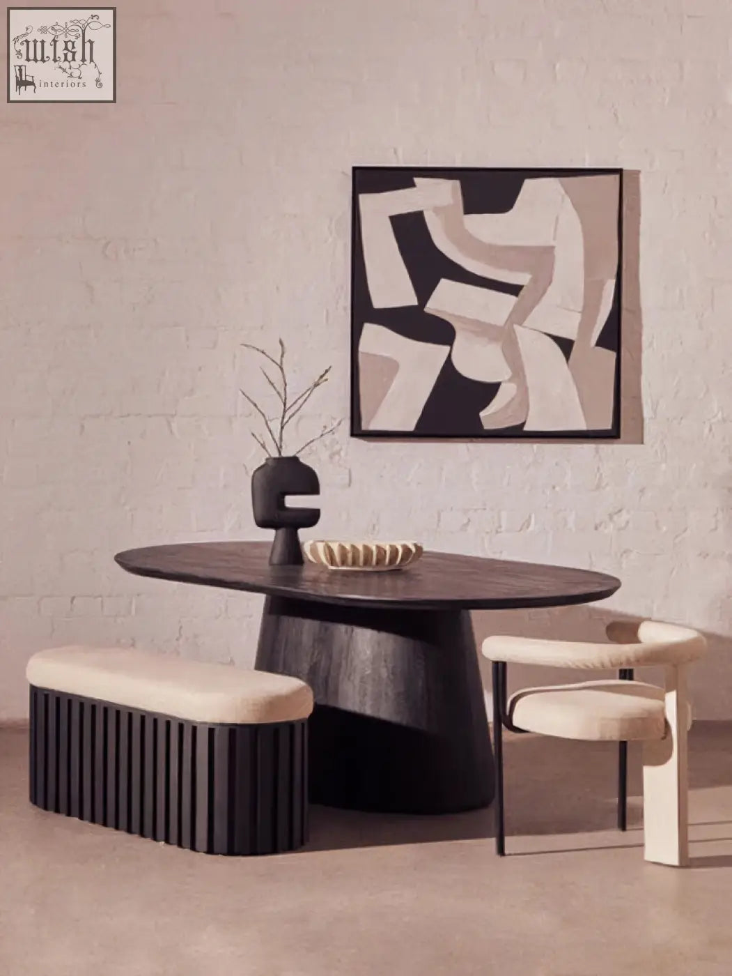 Black oval dining table with dark wood finish paired with perdoba cream texture linen dining chair with black metal frame