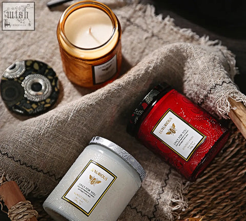 A white textured glass scented candles gift jar with silver lid and luxurious gold-trimmed label only for you