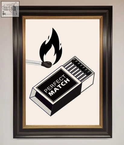 Black and white illustrated matchbox with perfect match text in dark wood frame with gold border perfect match framed print