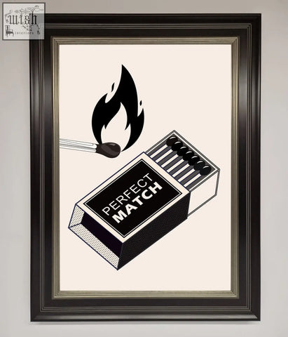 Black and white illustrated matchbox with perfect match text in dark wood framed print perfect match framed decor