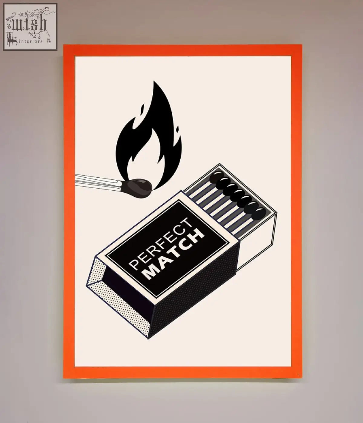 Orange-framed perfect match framed print with black and white open matchbox illustration and lit match above it