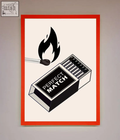 Minimalist black and white matchbox illustration with perfect match text in red frame perfect match framed print