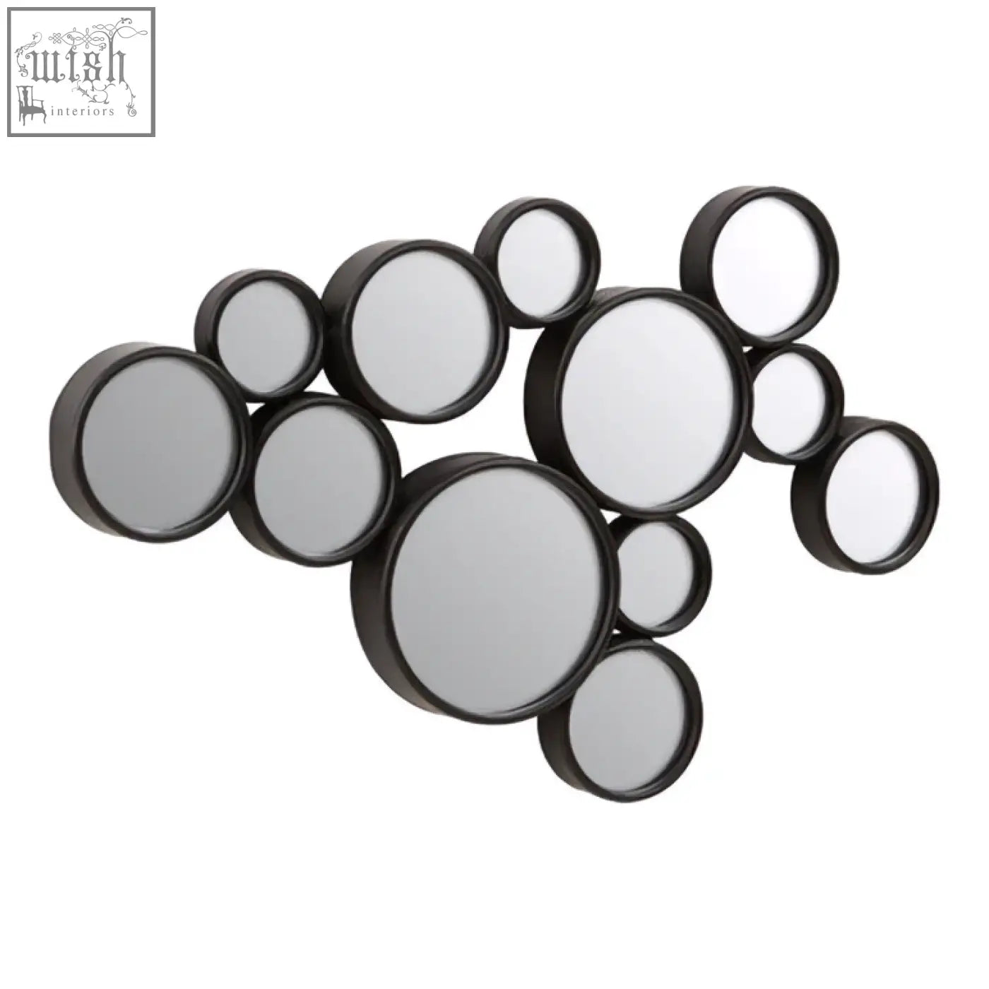 Persephone black multi circles wall mirror with black circular mirrors in varying sizes arranged in overlapping cluster