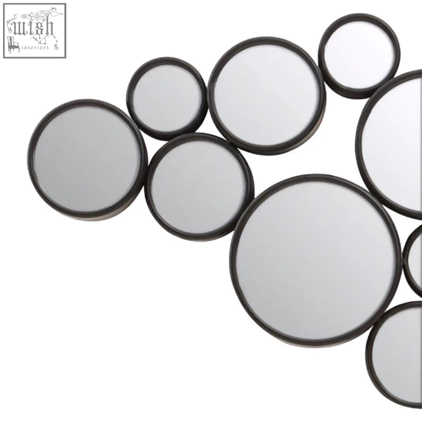 A persephone black multi circles wall mirror with sleek black frames arranged in an overlapping circular pattern