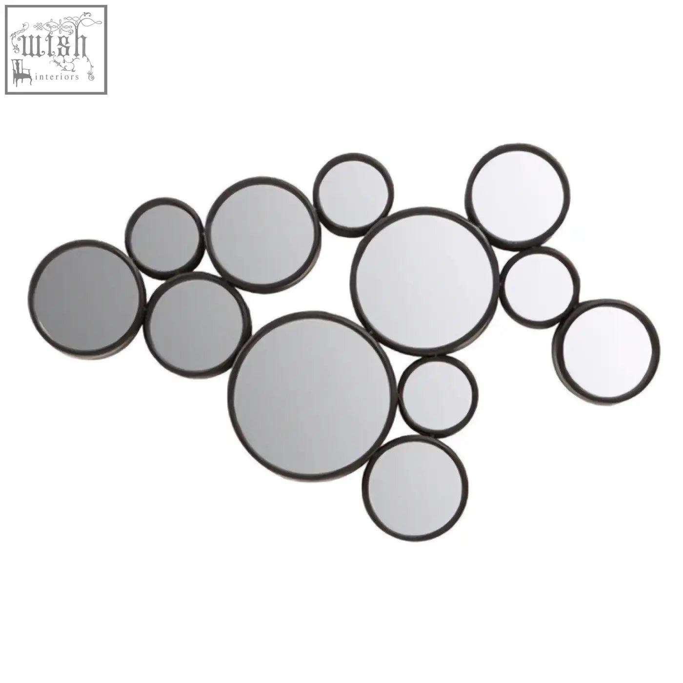 A persephone black multi wall mirror set with scattered circular black framed mirrors in an asymmetrical pattern