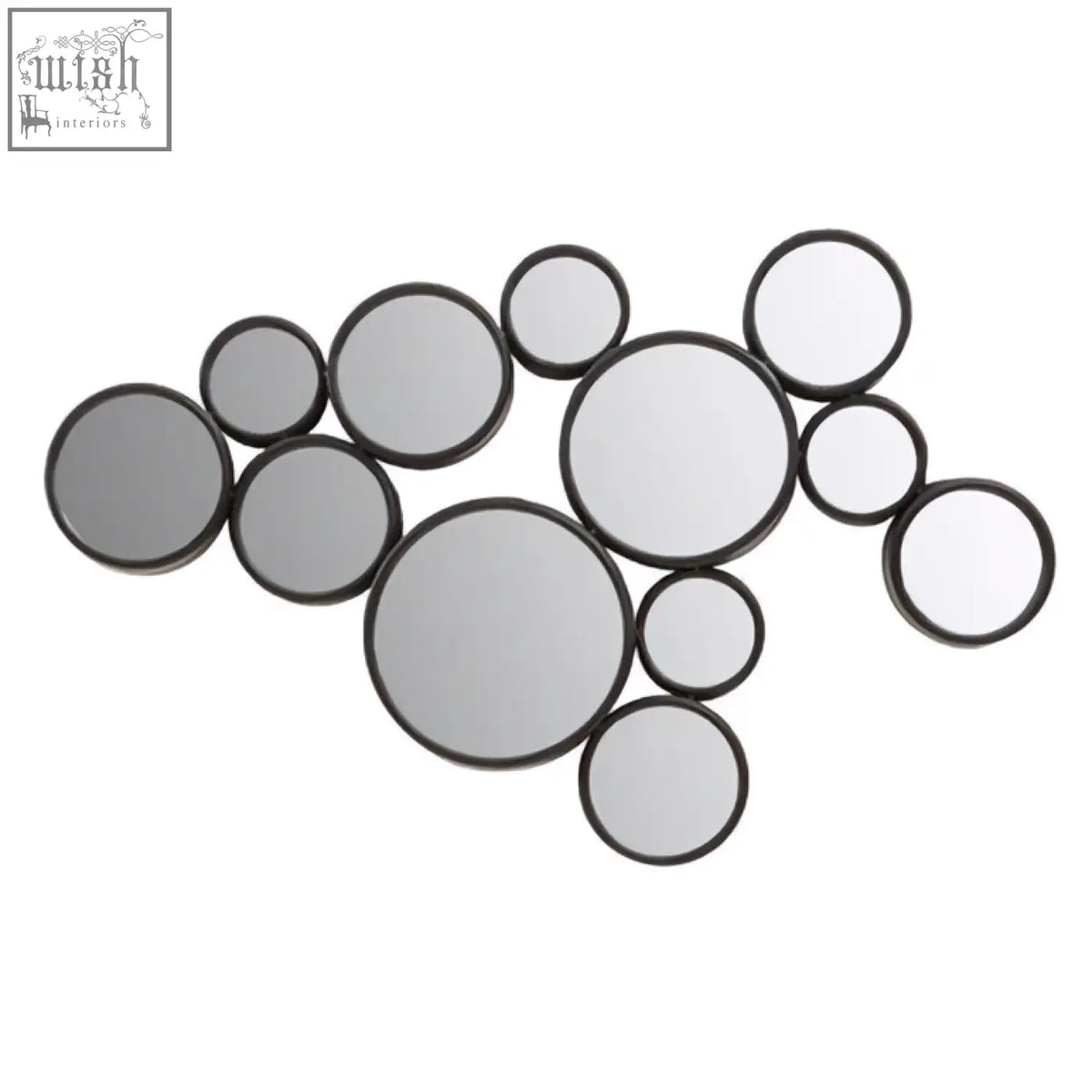 A persephone black multi wall mirror set with scattered circular black framed mirrors in an asymmetrical pattern