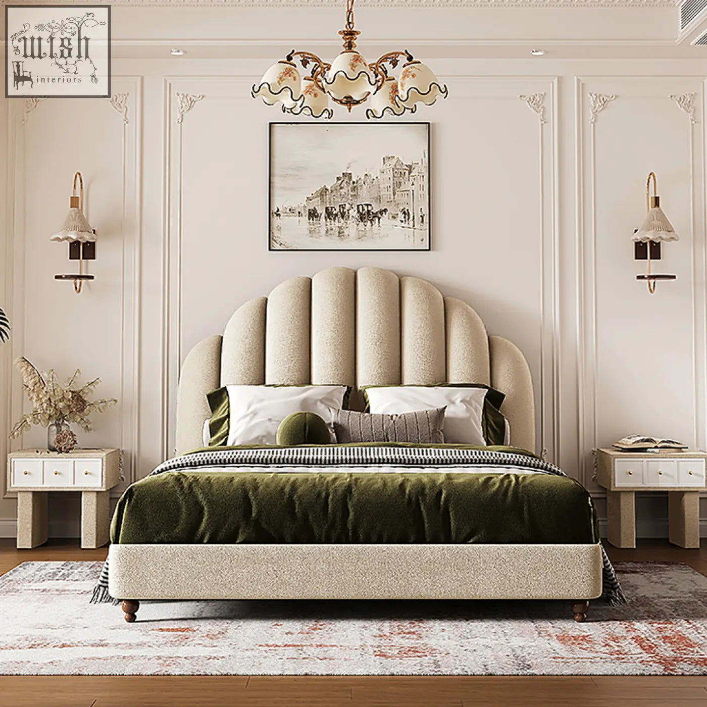Beige upholstered persephone shell double bed with scalloped headboard and olive green velvet king size bedding