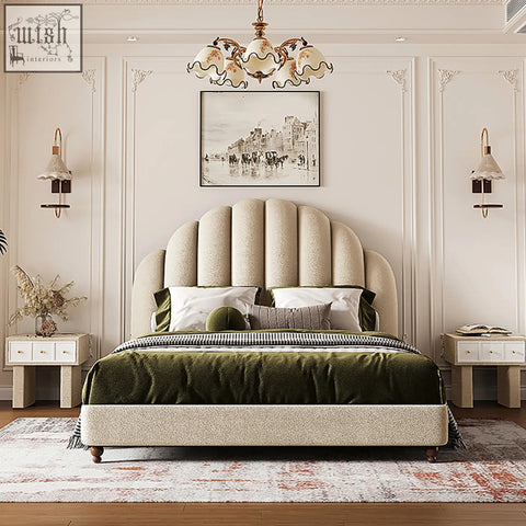 Beige upholstered persephone shell double bed with scalloped headboard and olive green velvet king size bedding