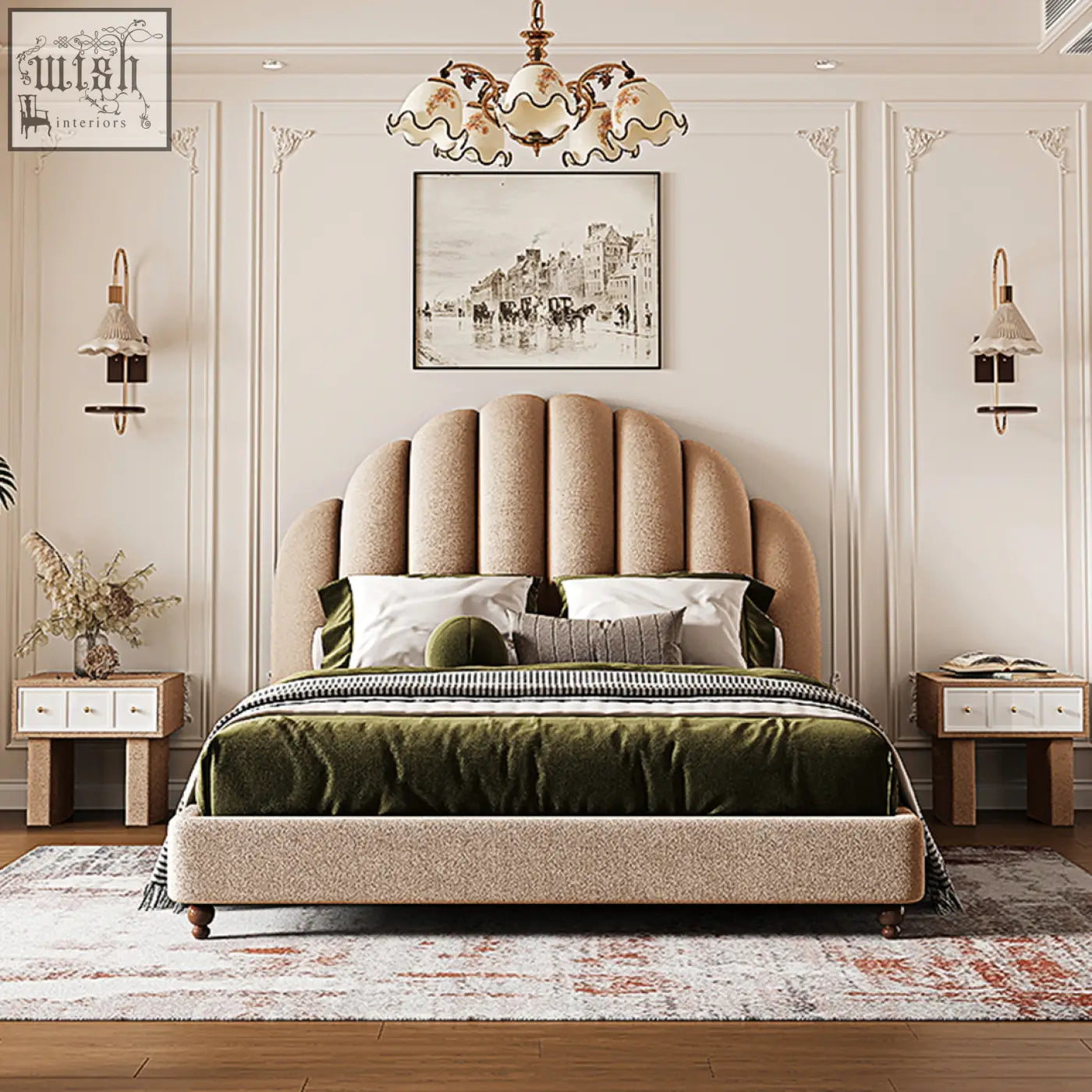 Beige upholstered persephone shell double bed with curved segmented headboard king size flannelette design