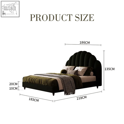 Black velvet persephone shell double bed with curved tufted headboard and footboard king size flannelette