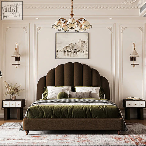 Brown velvet persephone shell double bed king size with scalloped headboard and matching footboard in flannelette