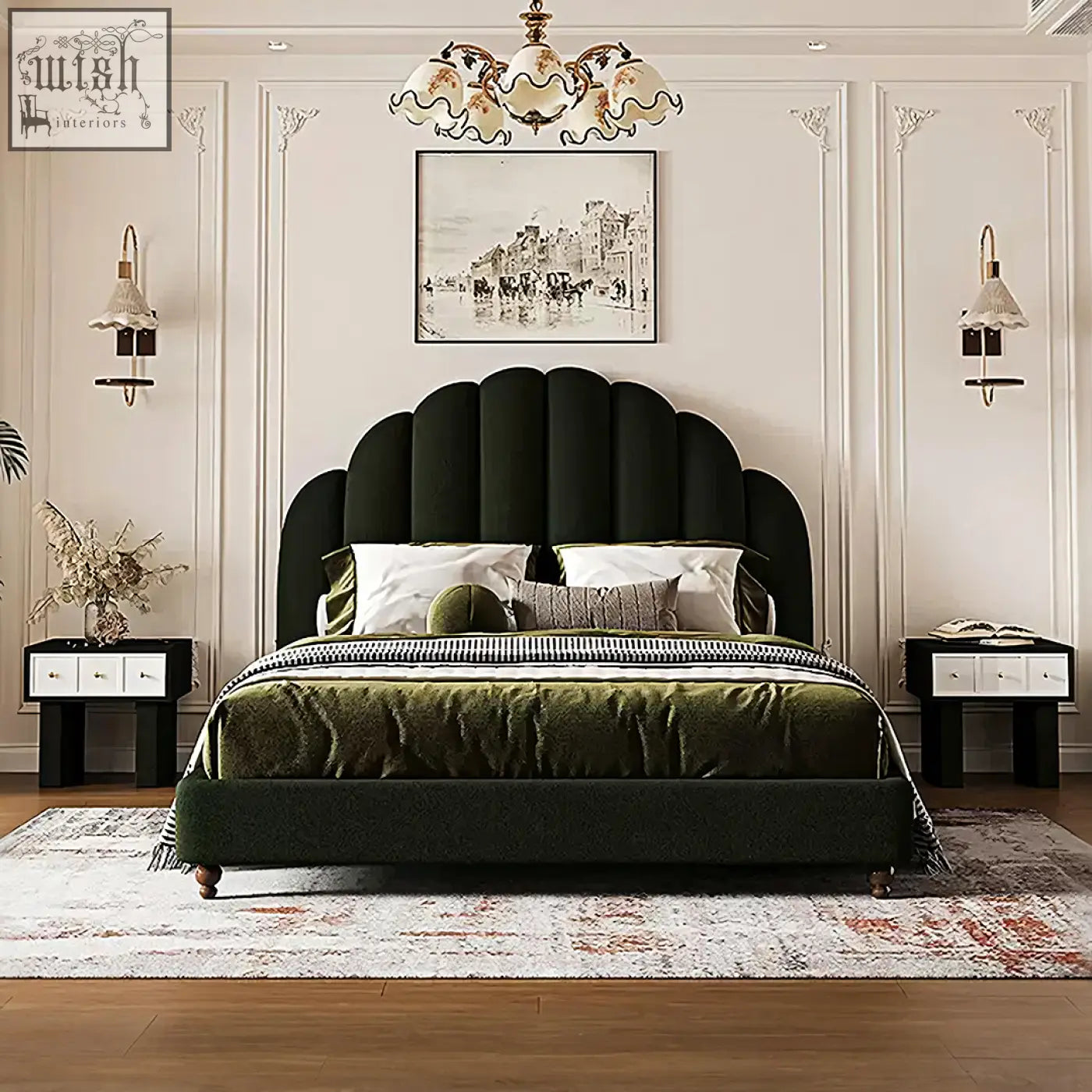 Dark green velvet persephone shell double bed with curved tufted headboard and footboard king size flannelette
