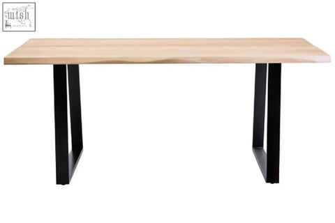 Persolo mango wood live edge dining table with light mango wood tabletop and black metal legs