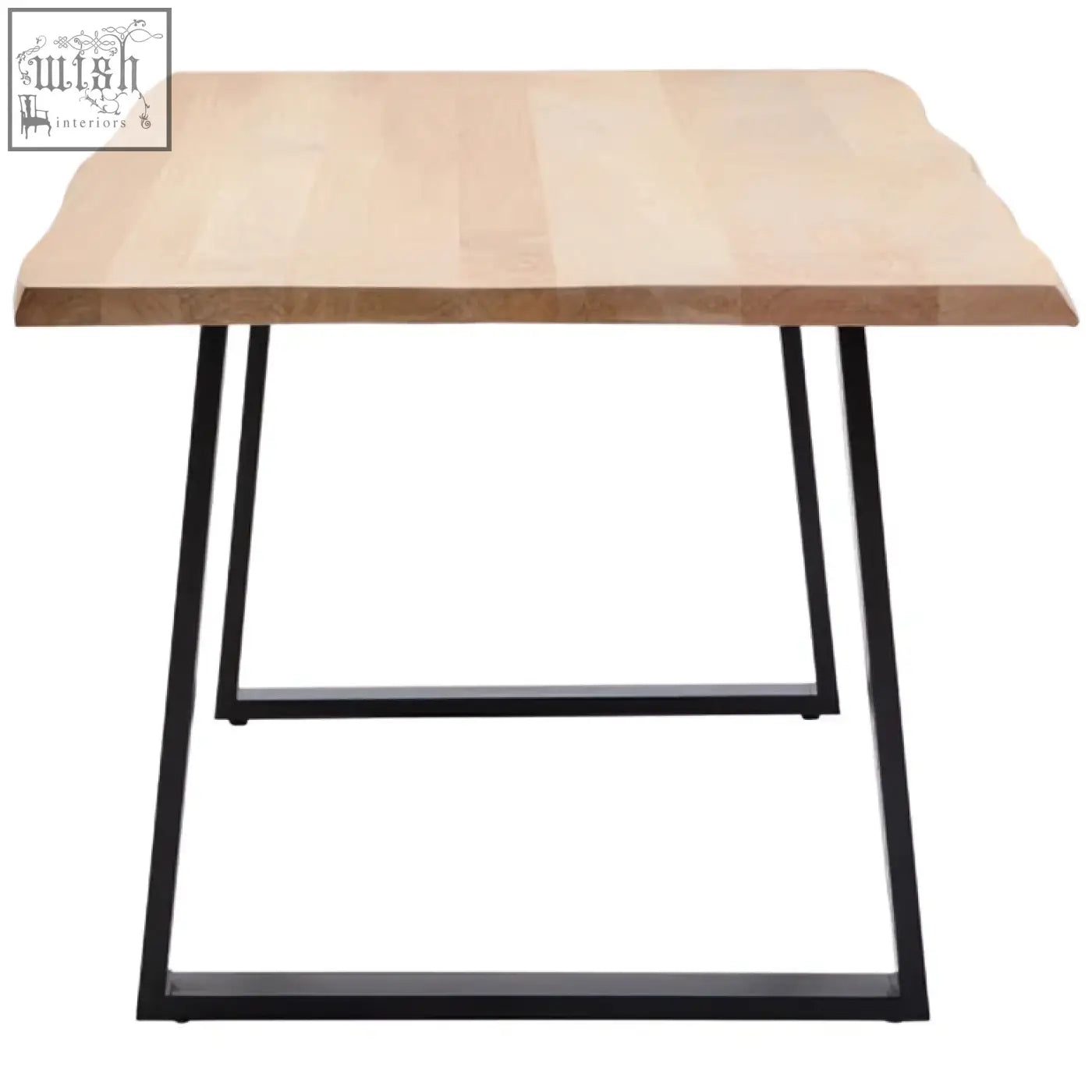 Light-colored mango wood live edge dining table with black metal legs perfect for stylish dining spaces