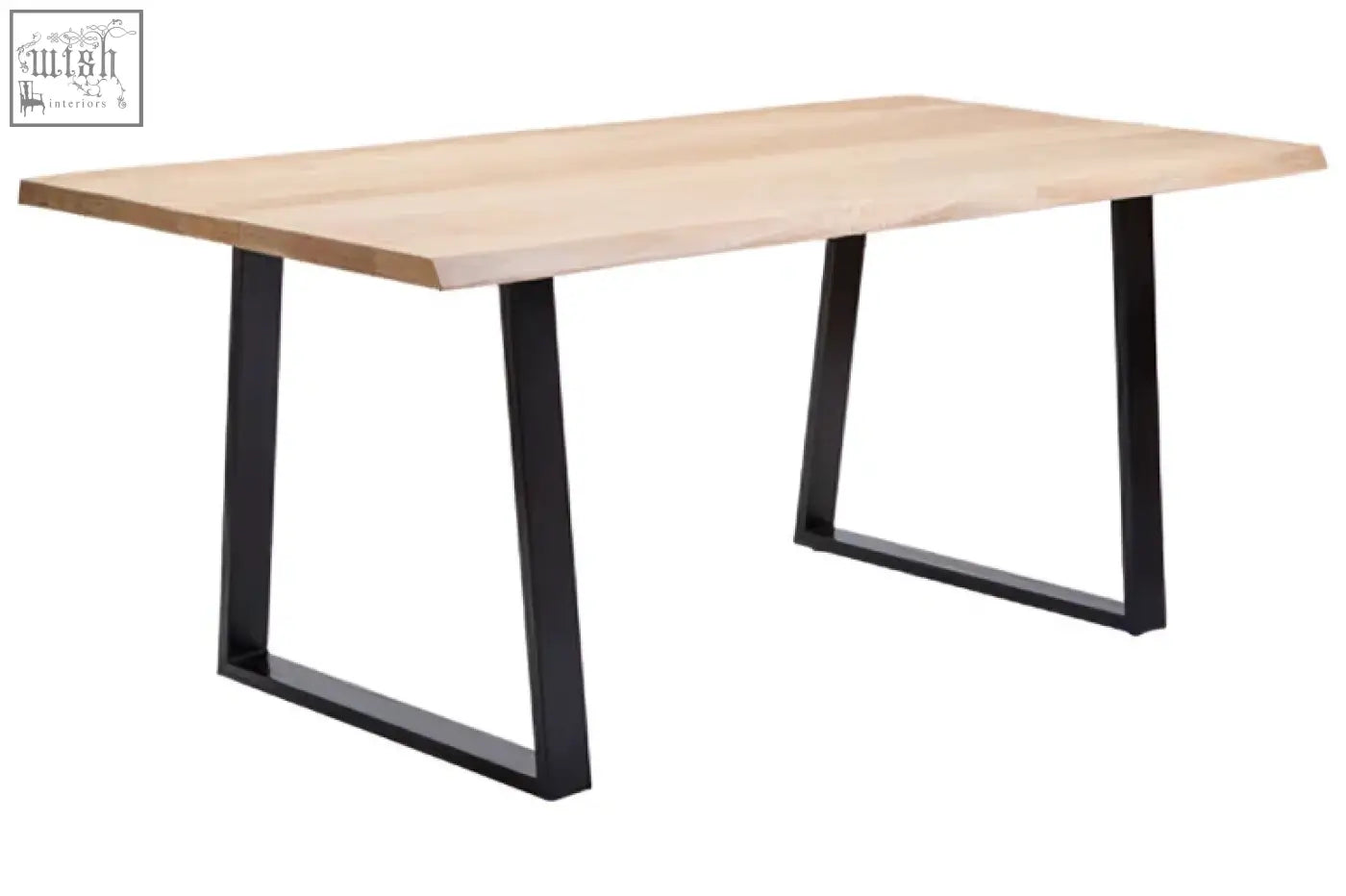 Persolo mango wood live edge dining table with light wood tabletop and black metal legs in modern industrial design