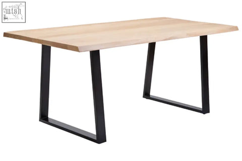 Persolo mango wood live edge dining table with light wood tabletop and black metal legs in modern industrial design