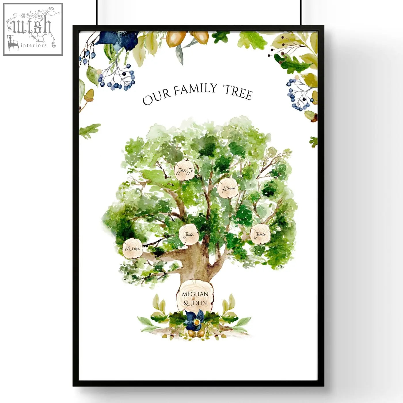 Framed personalised family tree wall art print with lush green tree, circular name tags, and navy blue floral borders