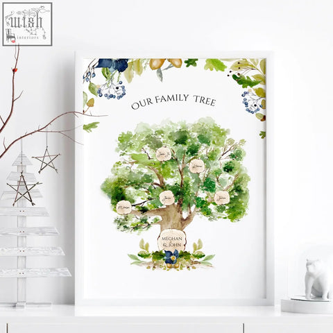 A framed personalised wall art family tree print with green leaves blue berries and beige name tags on white background