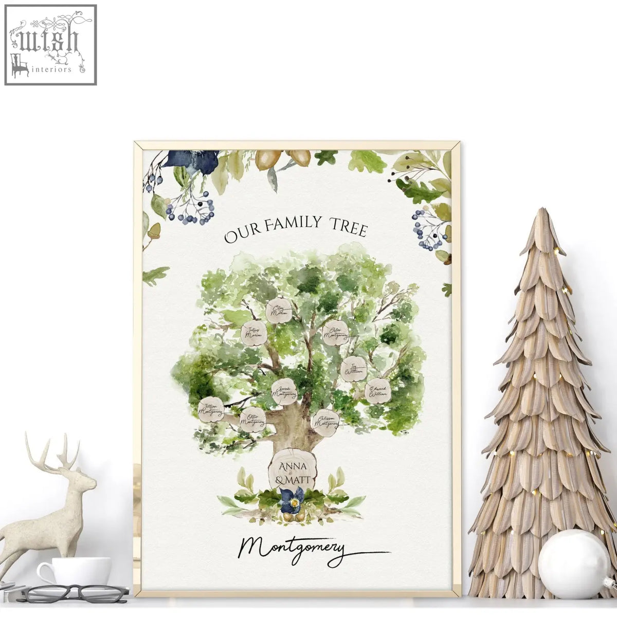 A personalised family tree wall art print with green foliage and labeled branches in a light wood frame
