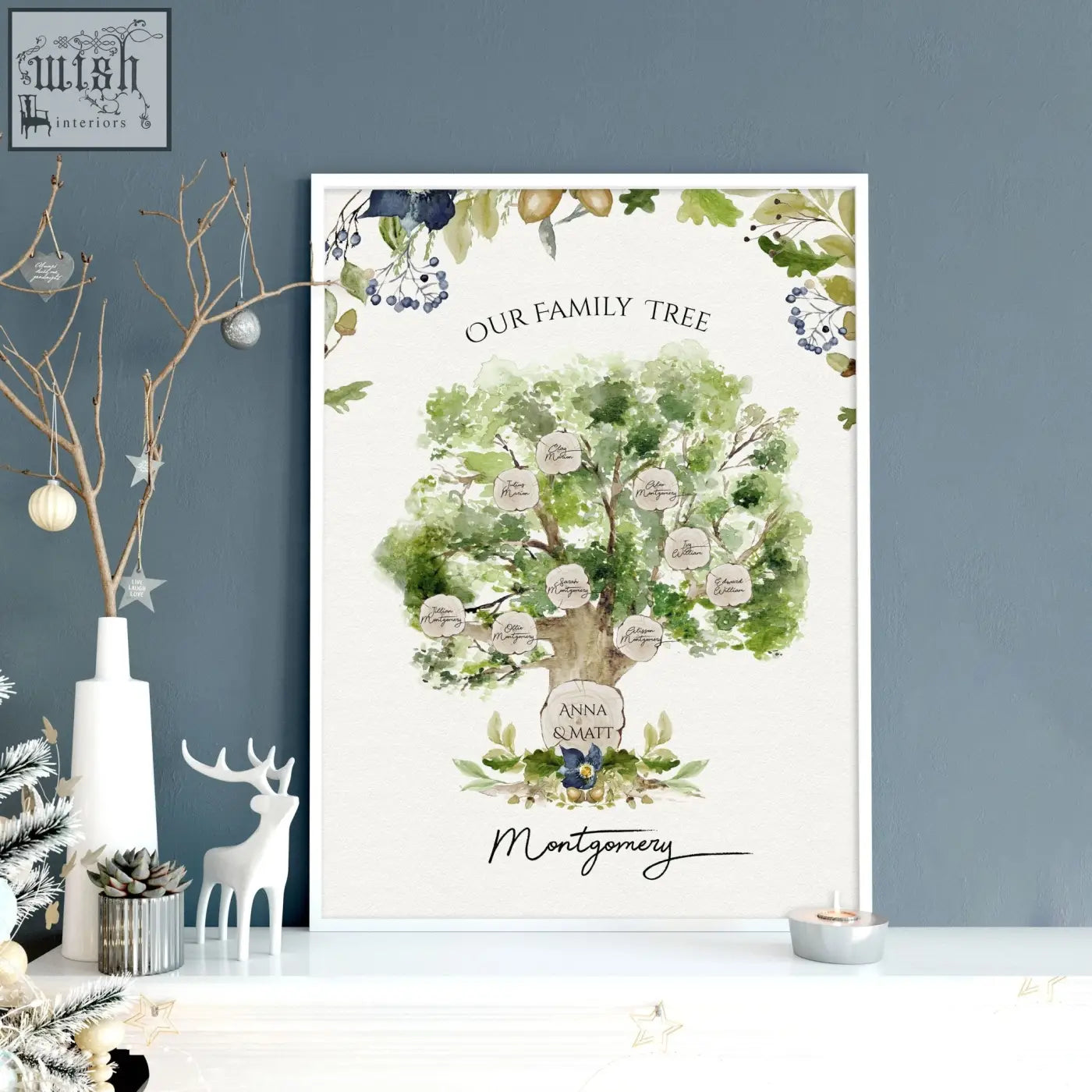 A framed personalised family tree wall art print with green foliage and anna and matt labeled at its base