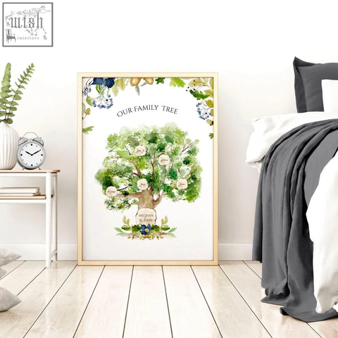 A framed personalised wall art family tree art print with green foliage and blue berries featuring name labels