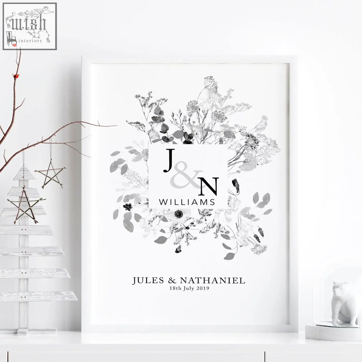 Minimalist black and white framed wall art print with monogram and floral design for personalised wedding anniversary gifts